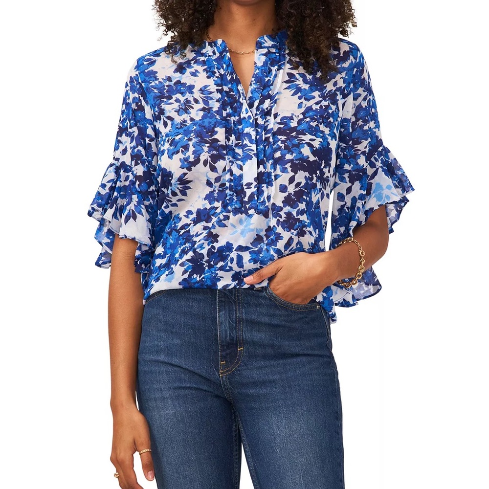 New Women's Flutter Sleeve Pintuck Henley Top size S